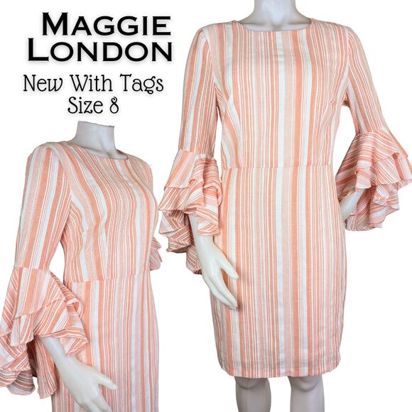 Maggie London Sheath Dress 8 Orange White Stripe Ruffled Sleeve Wedding Boho NEW